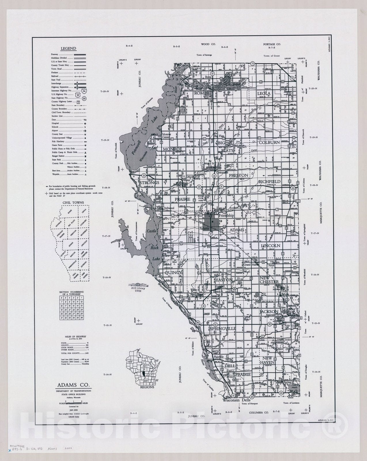 Map : Adams County, Wisconsin 1984, [Wisconsin county transportation maps] , Antique Vintage Reproduction