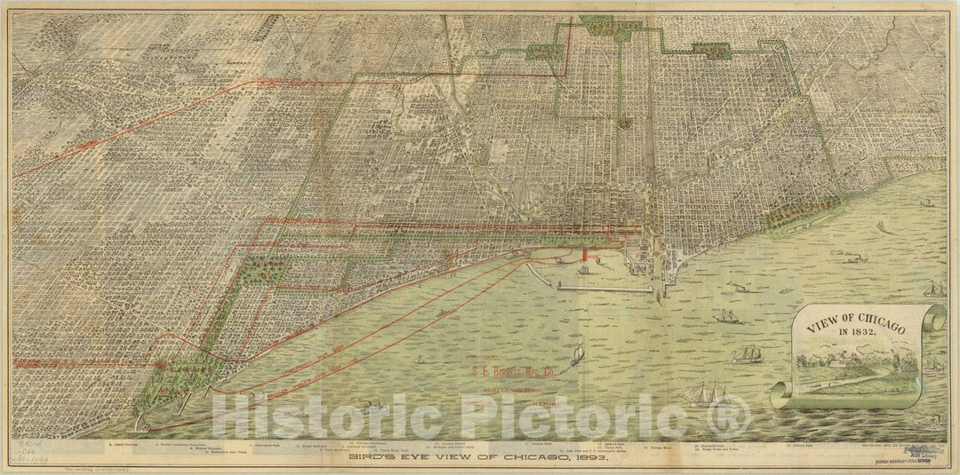Map : Chicago, Illinois 1893 1, Bird's eye view of Chicago, 1893, Antique Vintage Reproduction