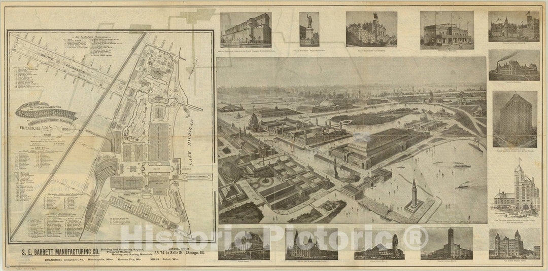 Map : Chicago, Illinois 1893 2, Bird's eye view of Chicago, 1893, Antique Vintage Reproduction