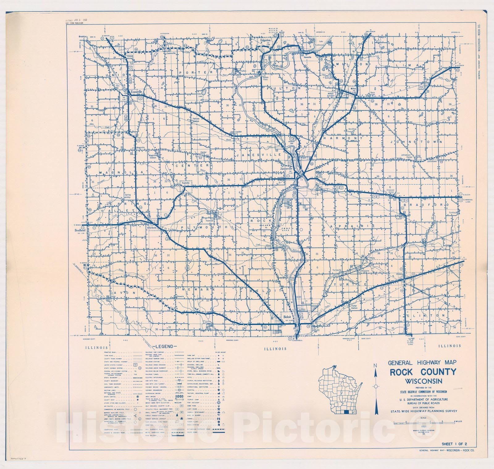 Map : Rock County, Wisconsin 1937 1, General highway map ... County, Wisconsin , Antique Vintage Reproduction