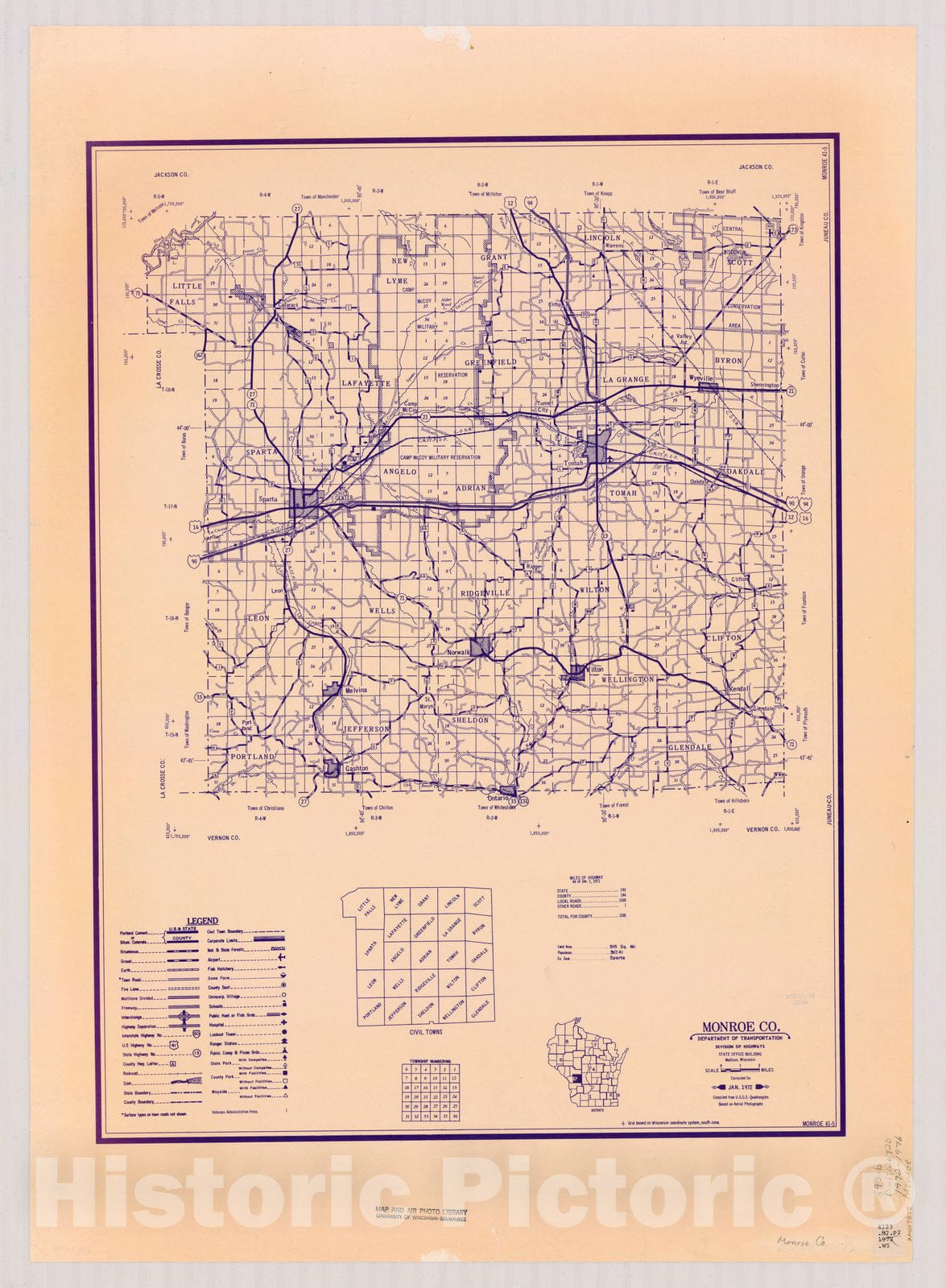 Map : Monroe County, Wisconsin 1972-1976, [Wisconsin county transportation maps] , Antique Vintage Reproduction