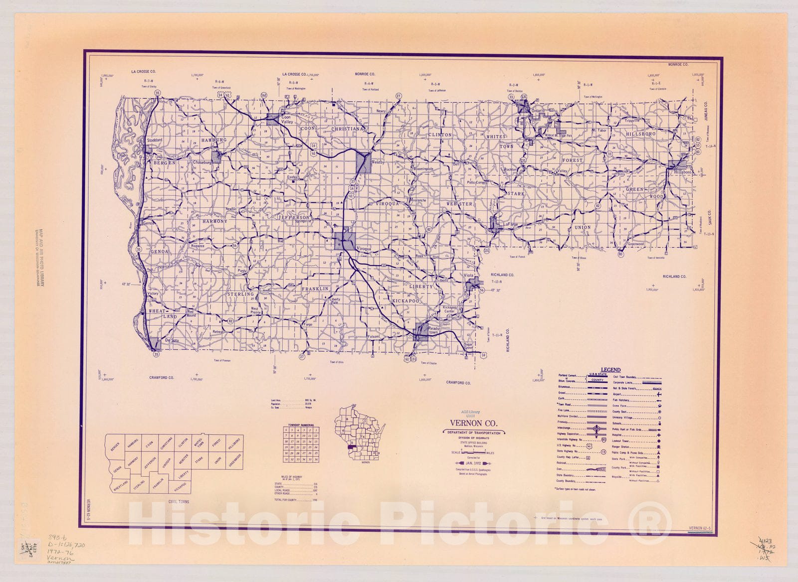 Map : Vernon County, Wisconsin 1972-1976, [Wisconsin county transportation maps] , Antique Vintage Reproduction