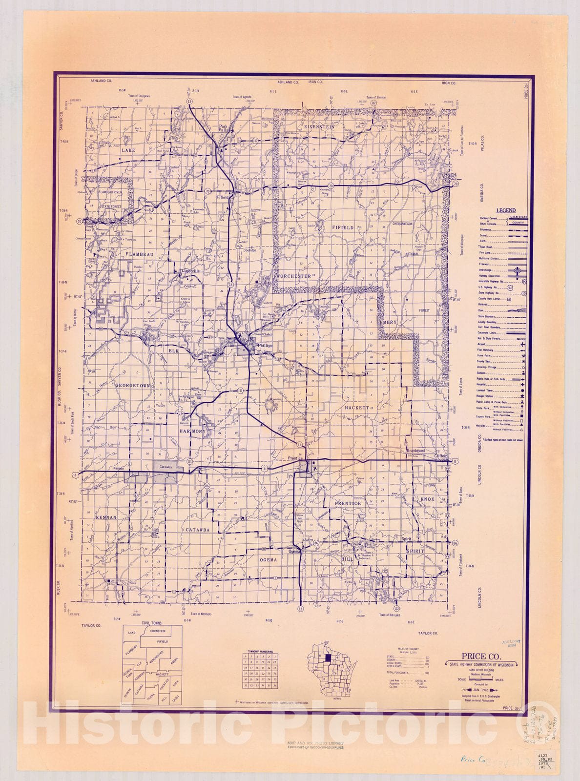 Map : Price County, Wisconsin 1972-1976, [Wisconsin county transportation maps] , Antique Vintage Reproduction