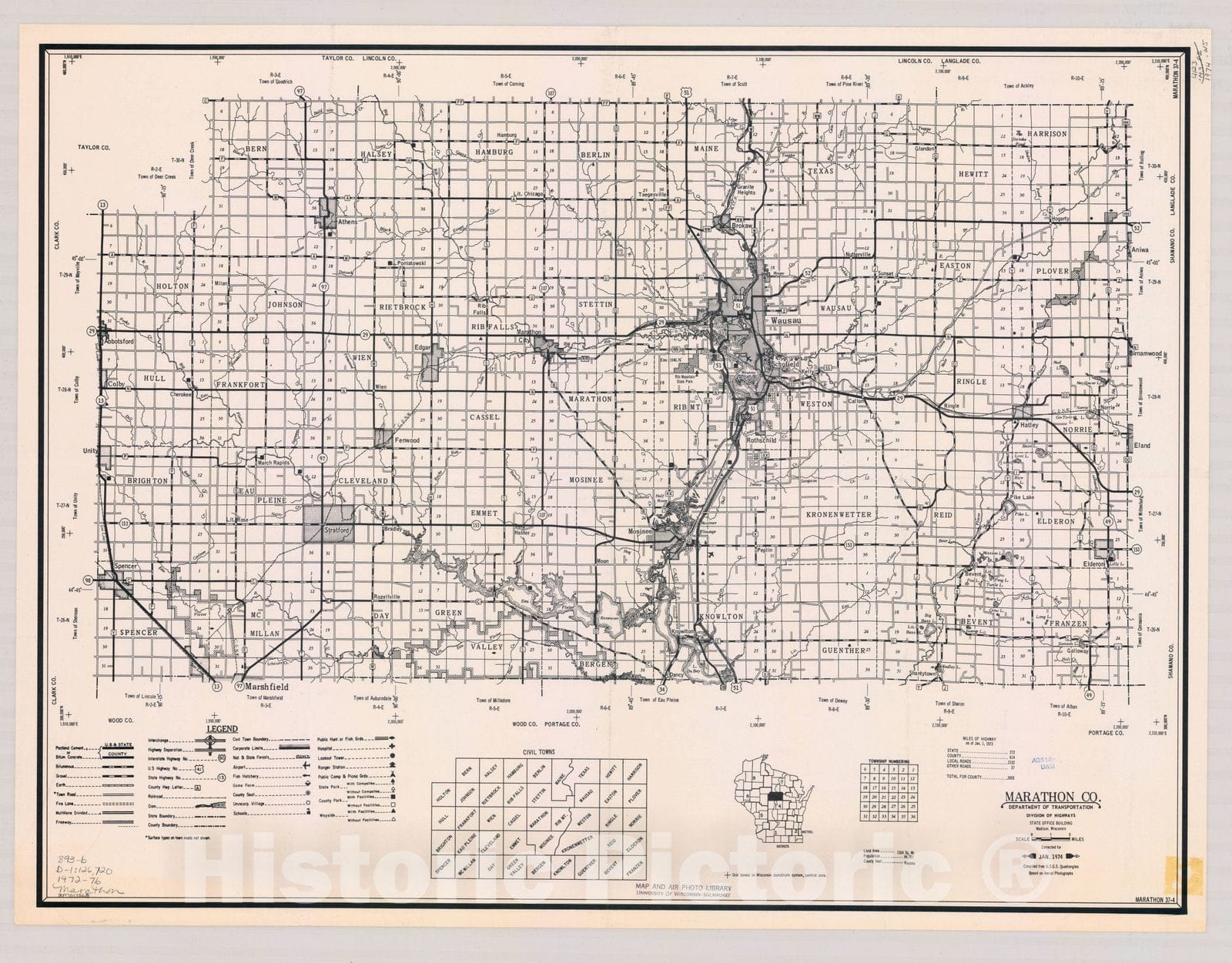 Map : Marathon County, Wisconsin 1972-1976 1, [Wisconsin county transportation maps] , Antique Vintage Reproduction
