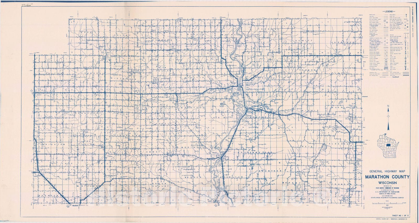 Map : Marathon County, Wisconsin 1937 1, General highway map ... County, Wisconsin , Antique Vintage Reproduction