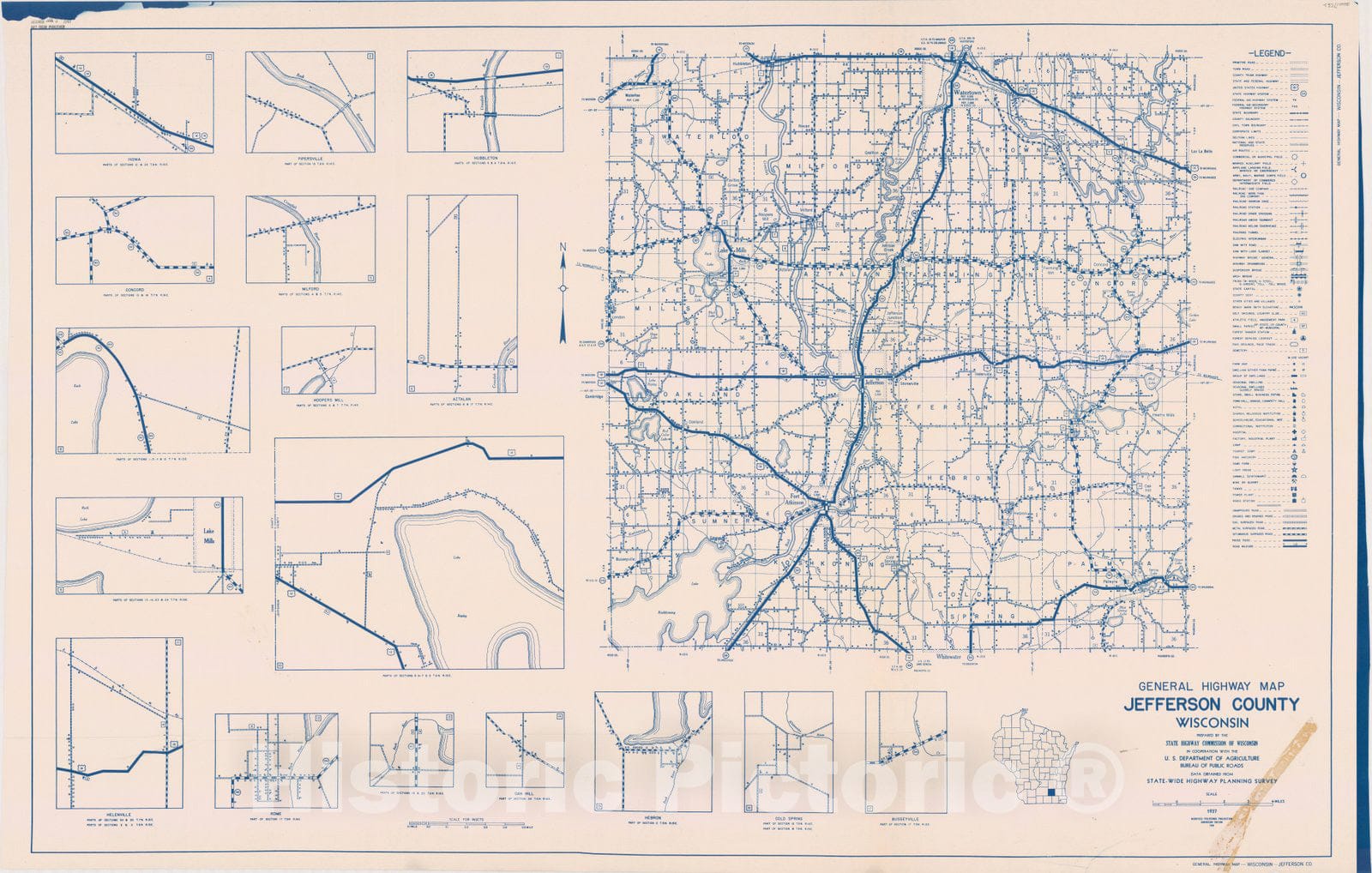 Map : Jefferson County, Wisconsin 1937, General highway map ... County, Wisconsin , Antique Vintage Reproduction