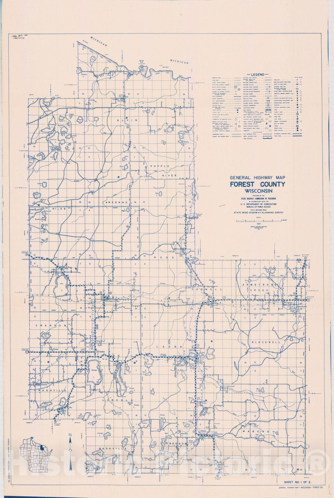 Map : Forest County, Wisconsin 1937 2, General highway map ... County, Wisconsin , Antique Vintage Reproduction