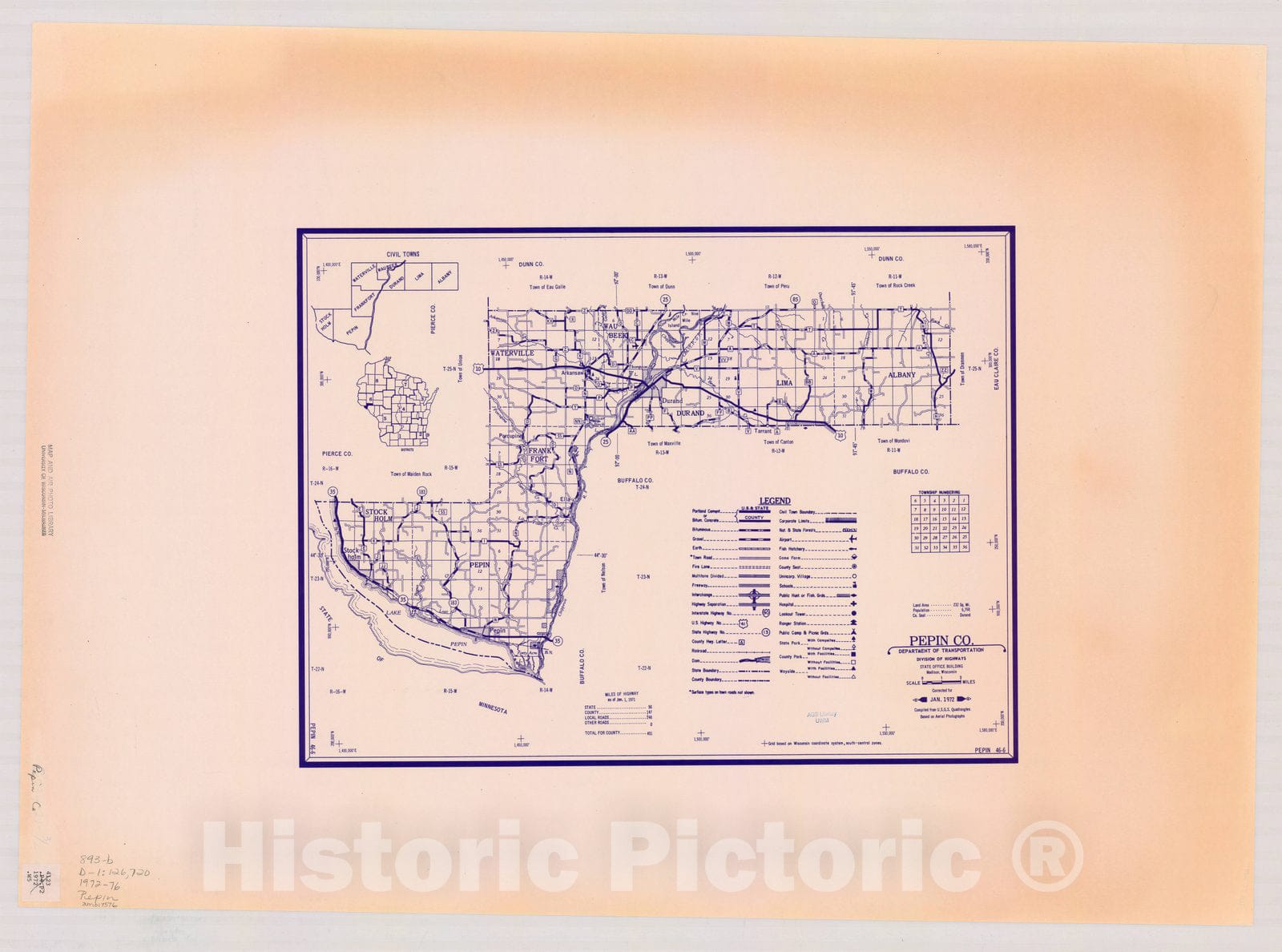 Map : Pepin County, Wisconsin 1972-1976, [Wisconsin county transportation maps] , Antique Vintage Reproduction