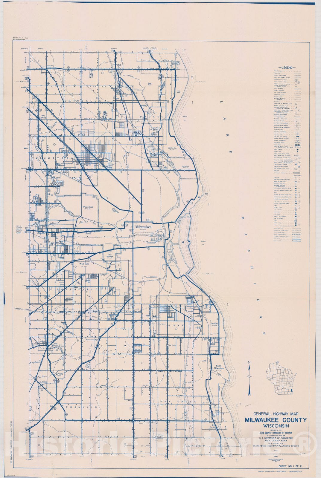 Map : Milwaukee County, Wisconsin 1937 1, General highway map ... County, Wisconsin , Antique Vintage Reproduction