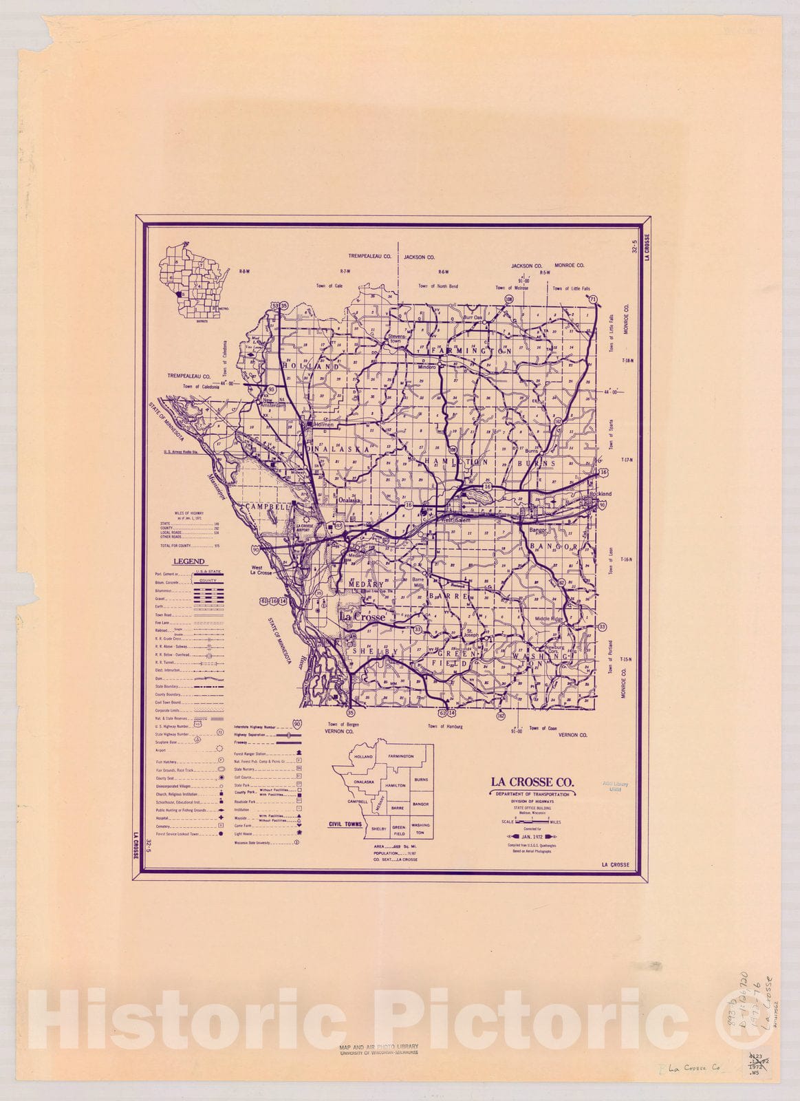 Map : La Crosse County, Wisconsin 1972-1976, [Wisconsin county transportation maps] , Antique Vintage Reproduction
