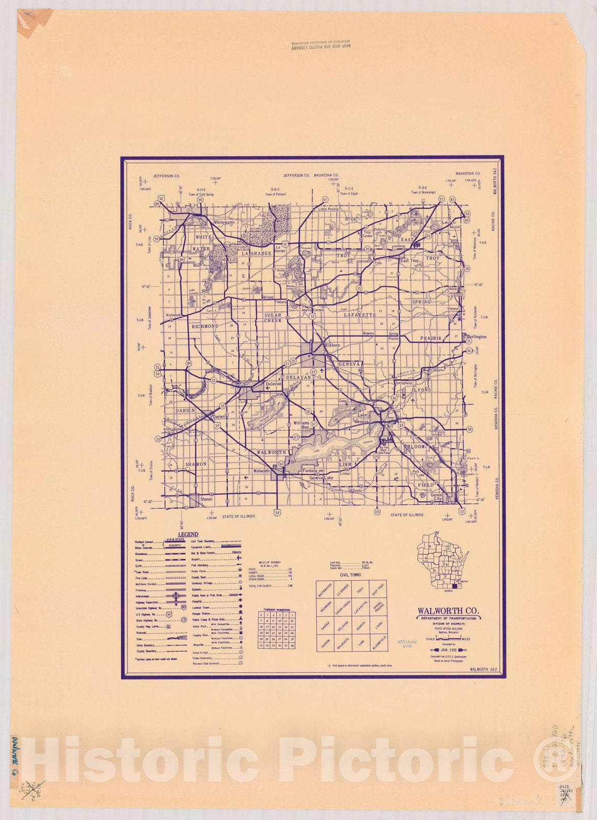 Map : Walworth County, Wisconsin 1972-1976, [Wisconsin county transportation maps] , Antique Vintage Reproduction