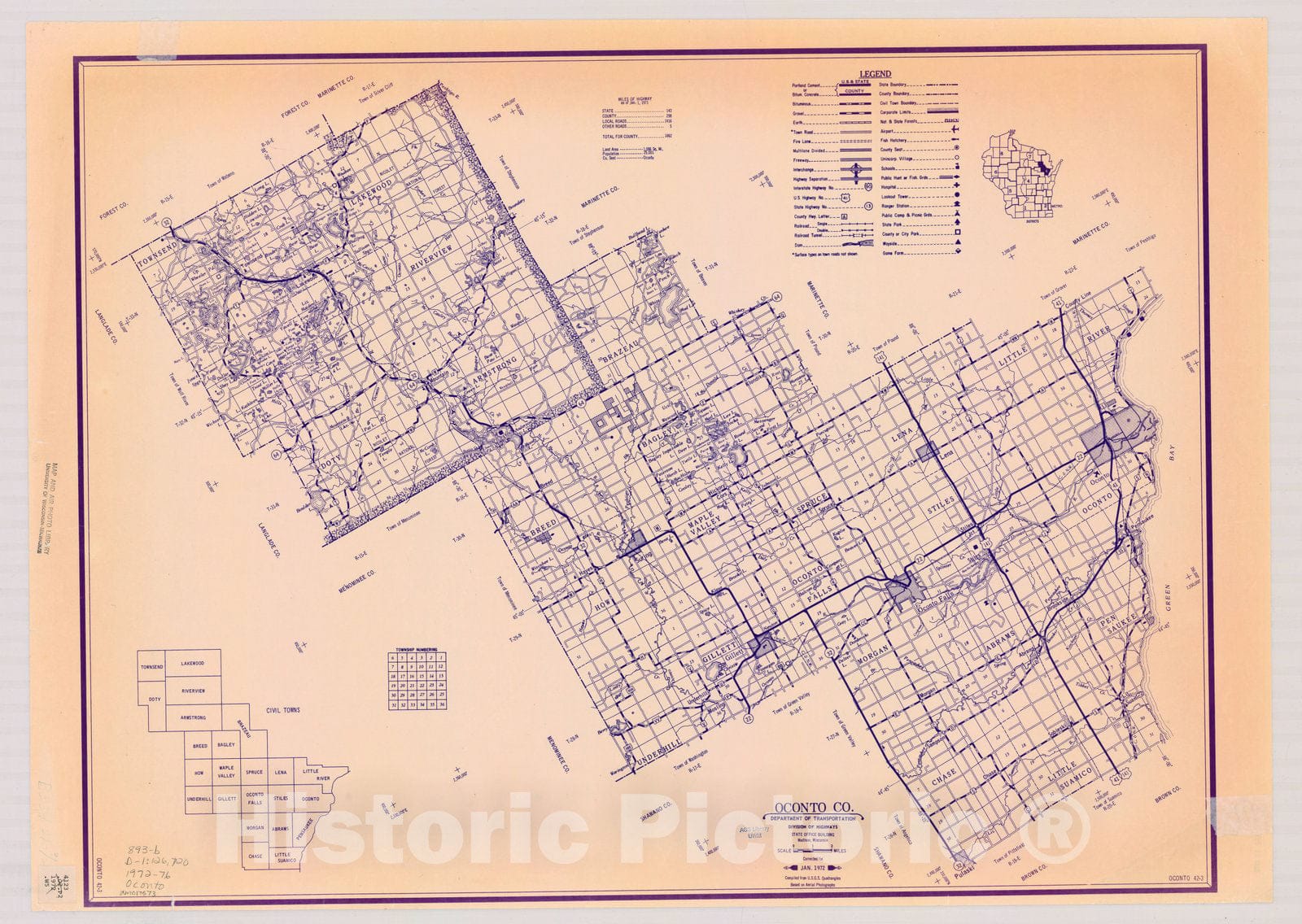 Map : Oconto County, Wisconsin 1972-1976, [Wisconsin county transportation maps] , Antique Vintage Reproduction