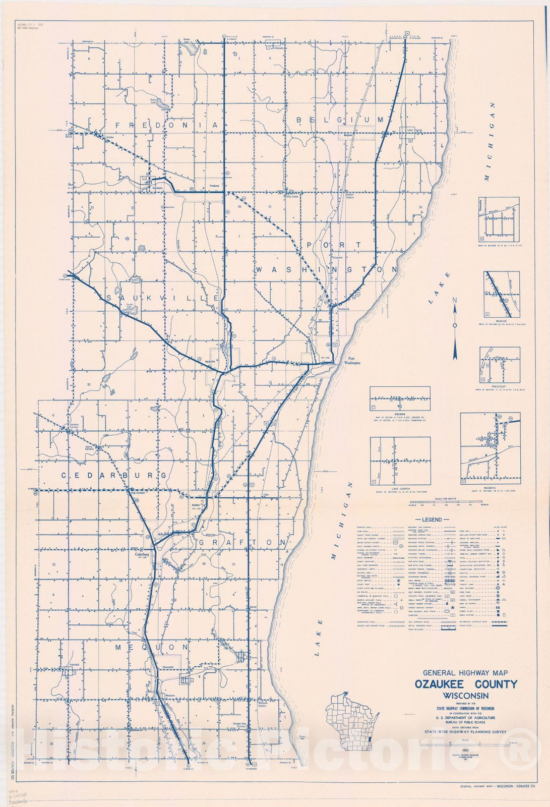 Map : Ozaukee County, Wisconsin 1937, General highway map ... County, Wisconsin , Antique Vintage Reproduction