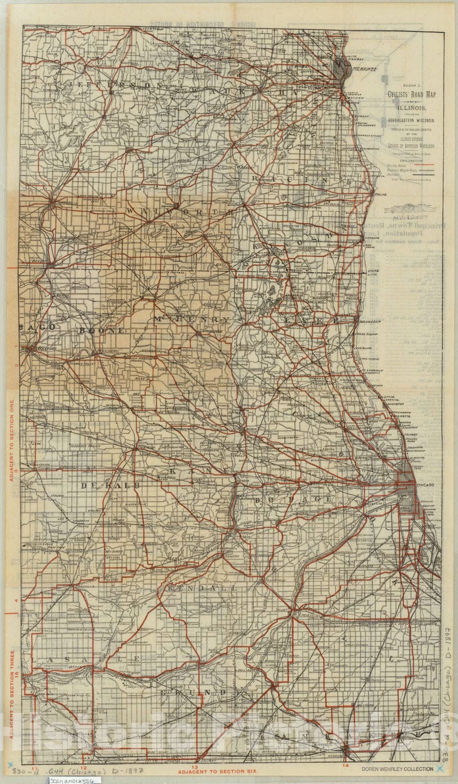 Map : Chicago, Illinois 1897, Section 2, cyclists' road map of Illinois , Antique Vintage Reproduction
