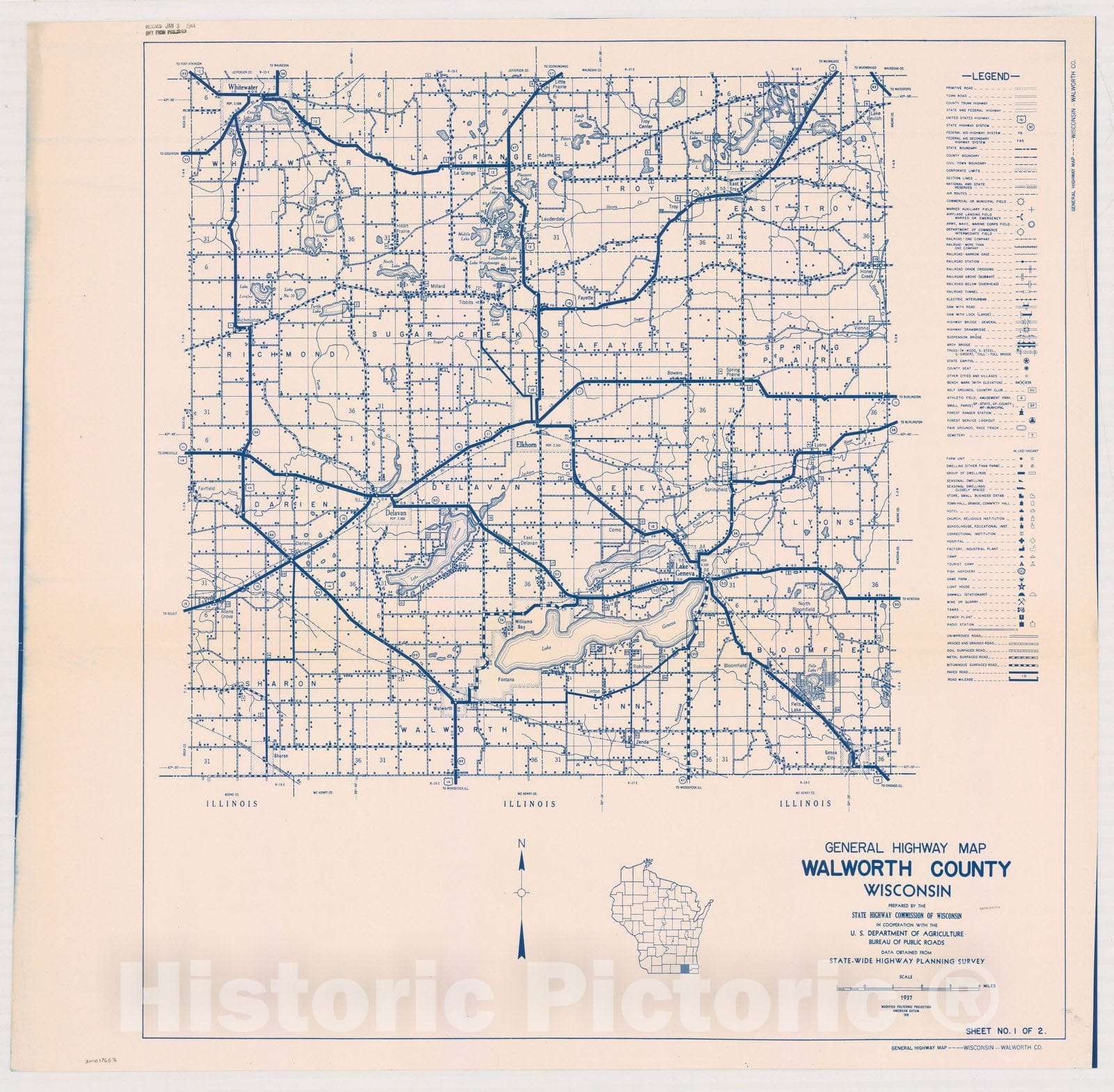 Map : Walworth County, Wisconsin 1937 1, General highway map ... County, Wisconsin , Antique Vintage Reproduction