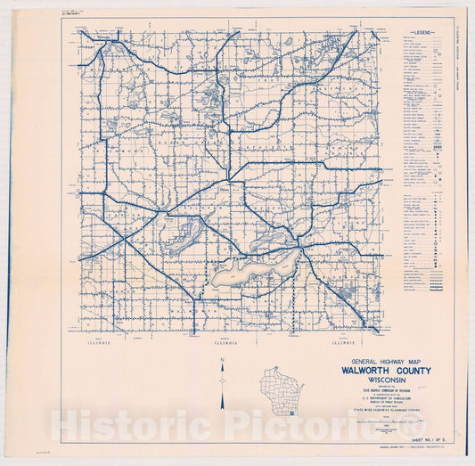 Map : Walworth County, Wisconsin 1937 1, General highway map ... County, Wisconsin , Antique Vintage Reproduction