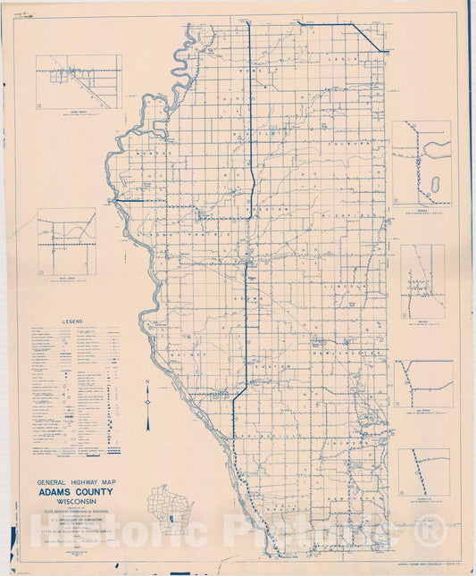 Map : Adams County, Wisconsin 1937, General highway map ... County, Wisconsin , Antique Vintage Reproduction