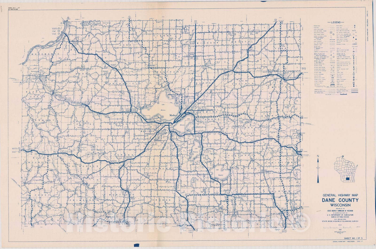 Map : Dane County, Wisconsin 1937 2, General highway map ... County, Wisconsin , Antique Vintage Reproduction