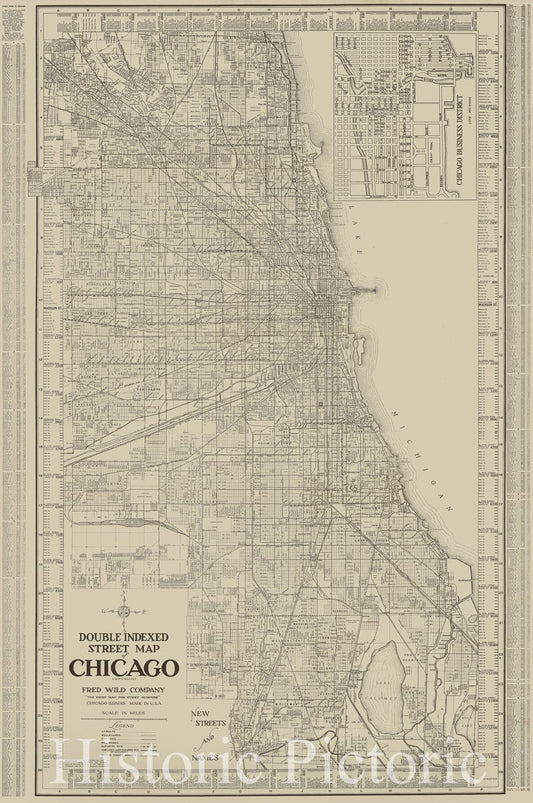 Map : Chicago, Illinois 1920, Double indexed street map of Chicago , Antique Vintage Reproduction