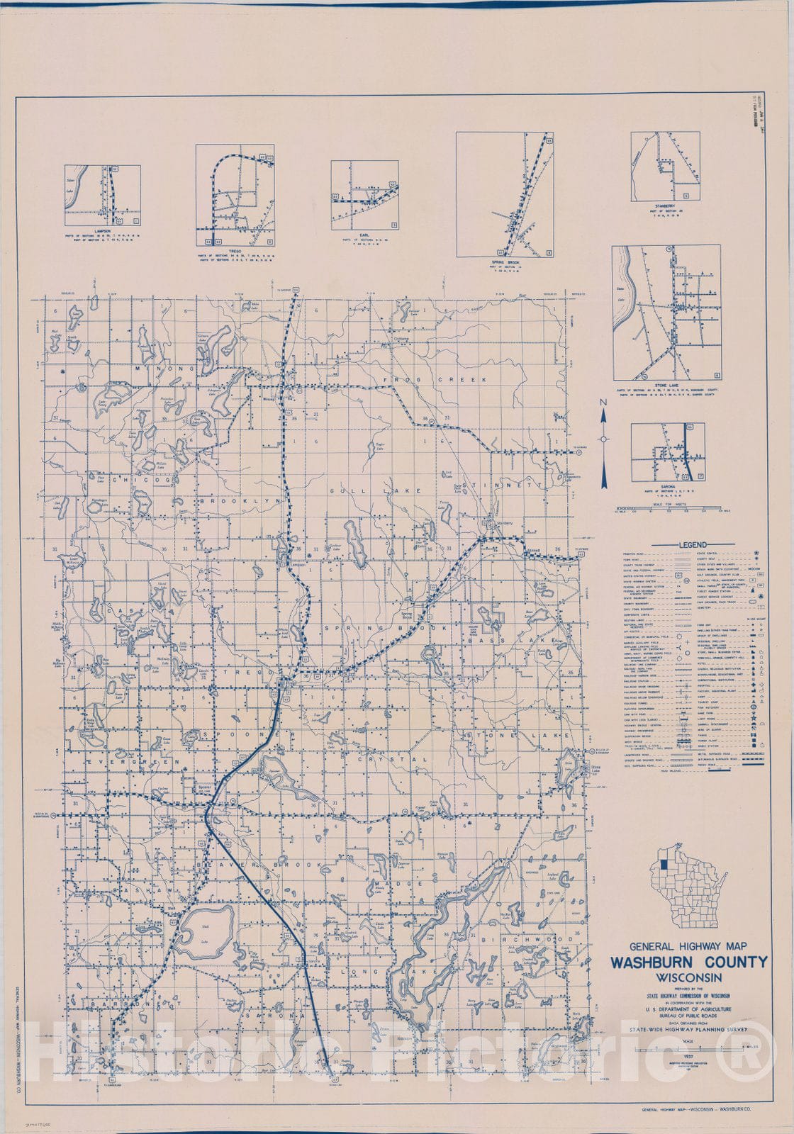 Map : Washburn County, Wisconsin 1937, General highway map ... County, Wisconsin , Antique Vintage Reproduction
