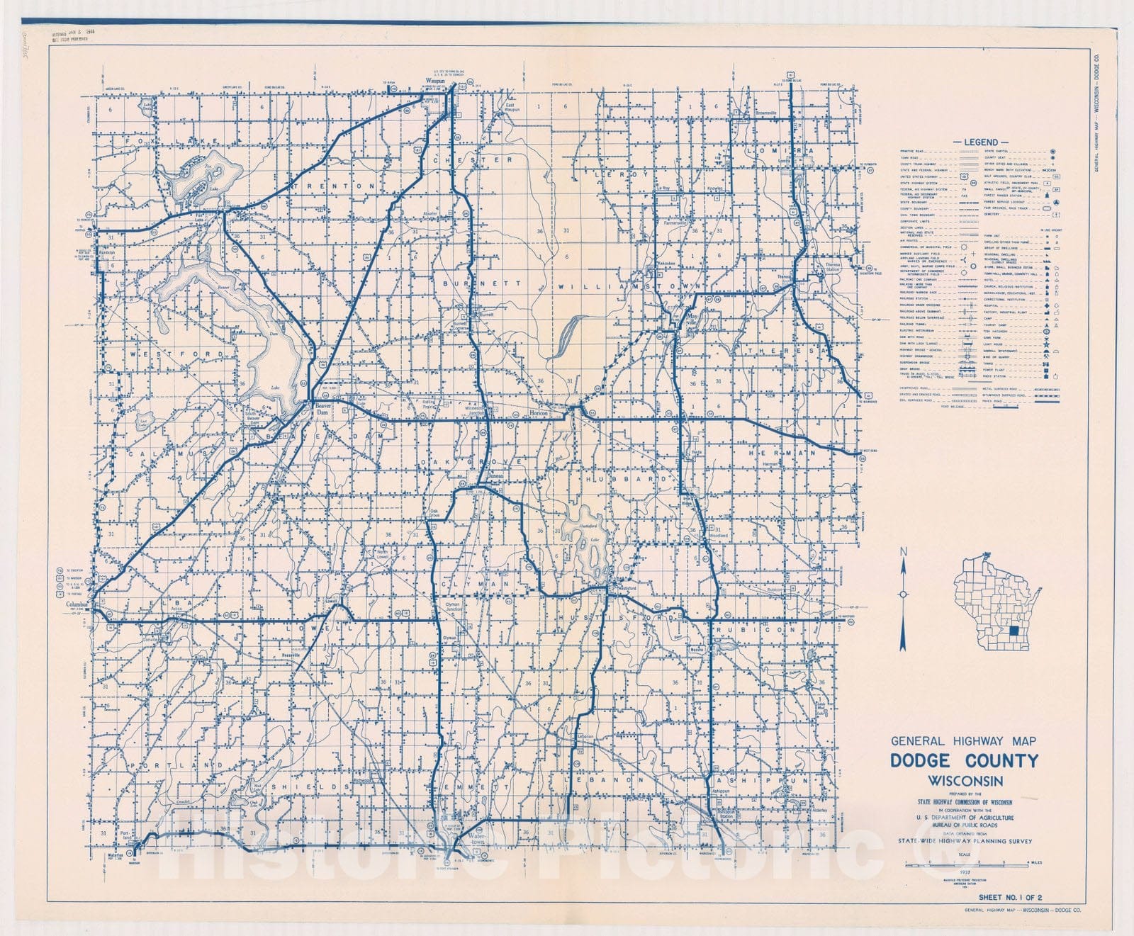Map : Dodge County, Wisconsin 1937 2, General highway map ... County, Wisconsin , Antique Vintage Reproduction