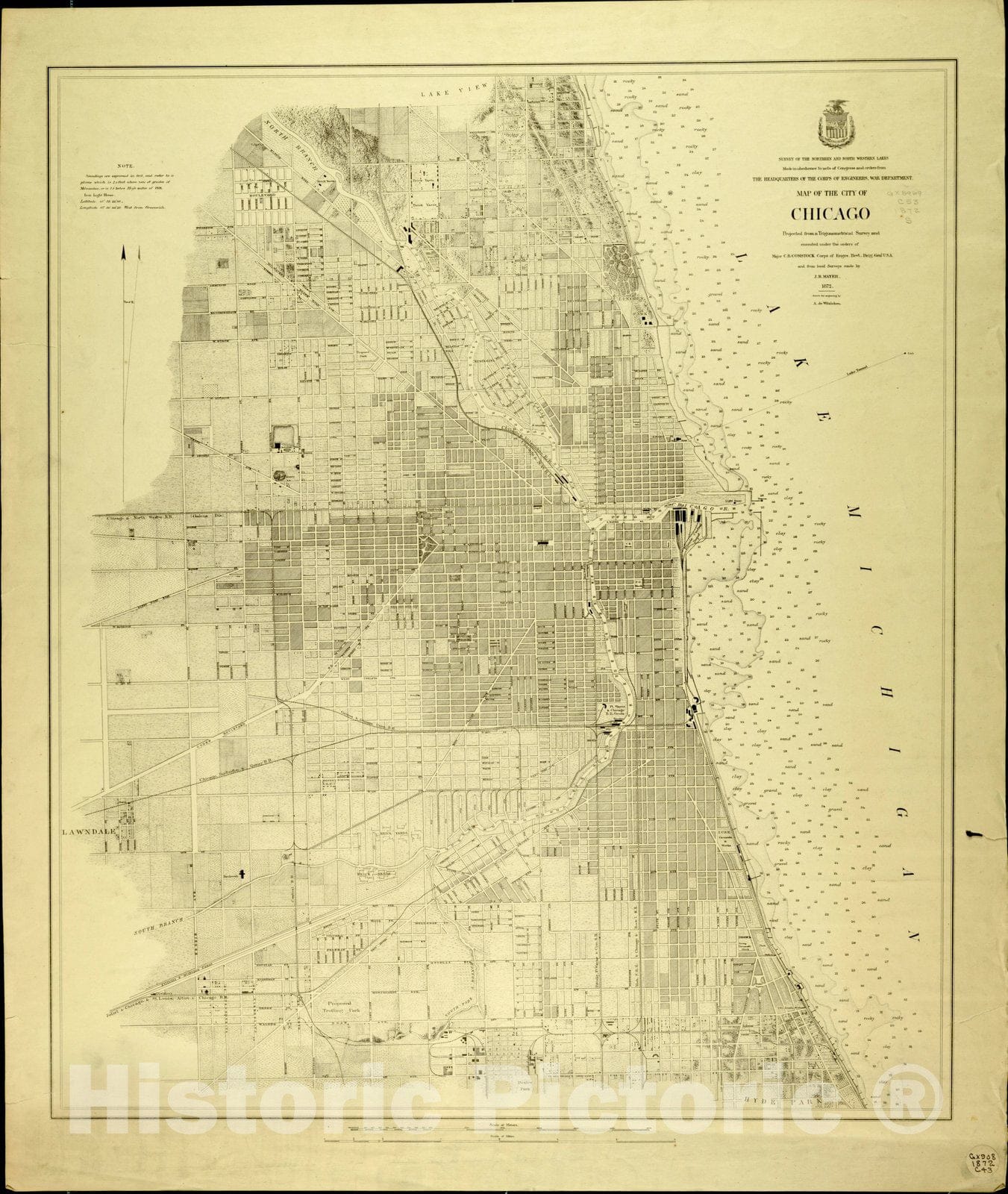 Map : Chicago, Illinois 1872, Map of the city of Chicago : projected from a trigonometrical survey , Antique Vintage Reproduction