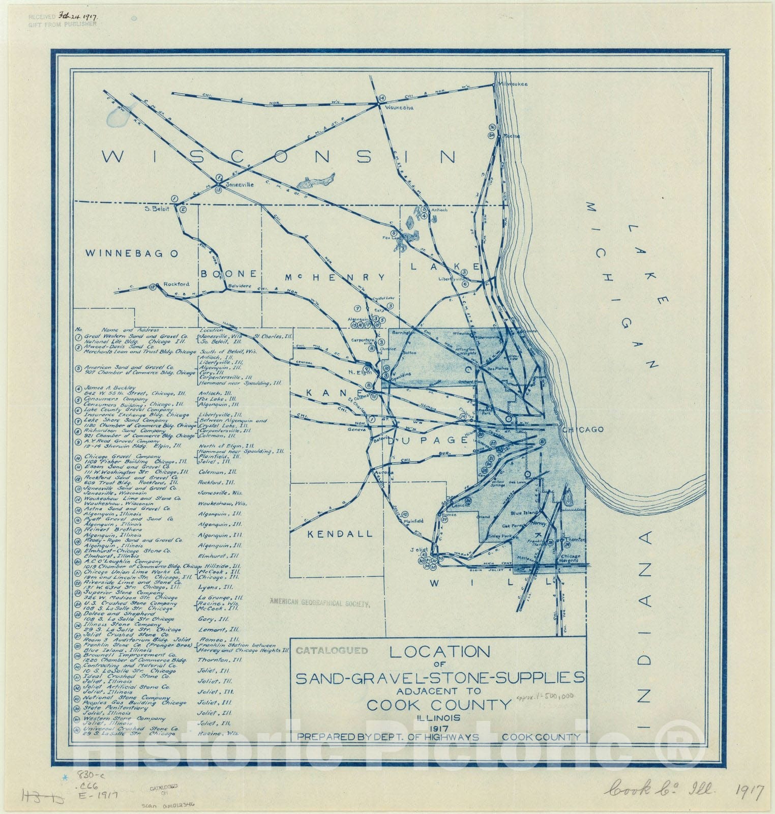 Map : Cook County, Illinois 1917, Location of sand-gravel-stone supplies adjacent to Cook County, Illinois , Antique Vintage Reproduction