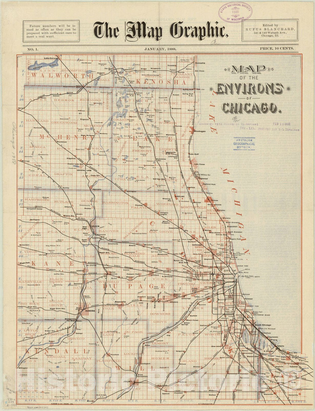 Map : Chicago, Illinois 1888, Map of the environs of Chicago , Antique Vintage Reproduction