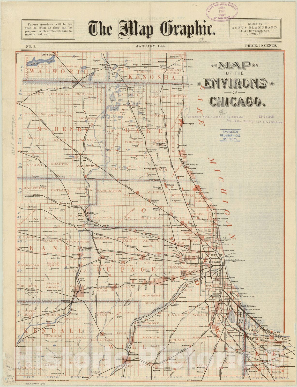 Map : Chicago, Illinois 1888, Map of the environs of Chicago , Antique Vintage Reproduction