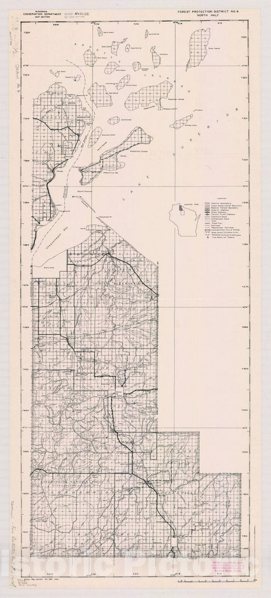 Map : Ashland County, Wisconsin 1935, Forest protection district , Antique Vintage Reproduction