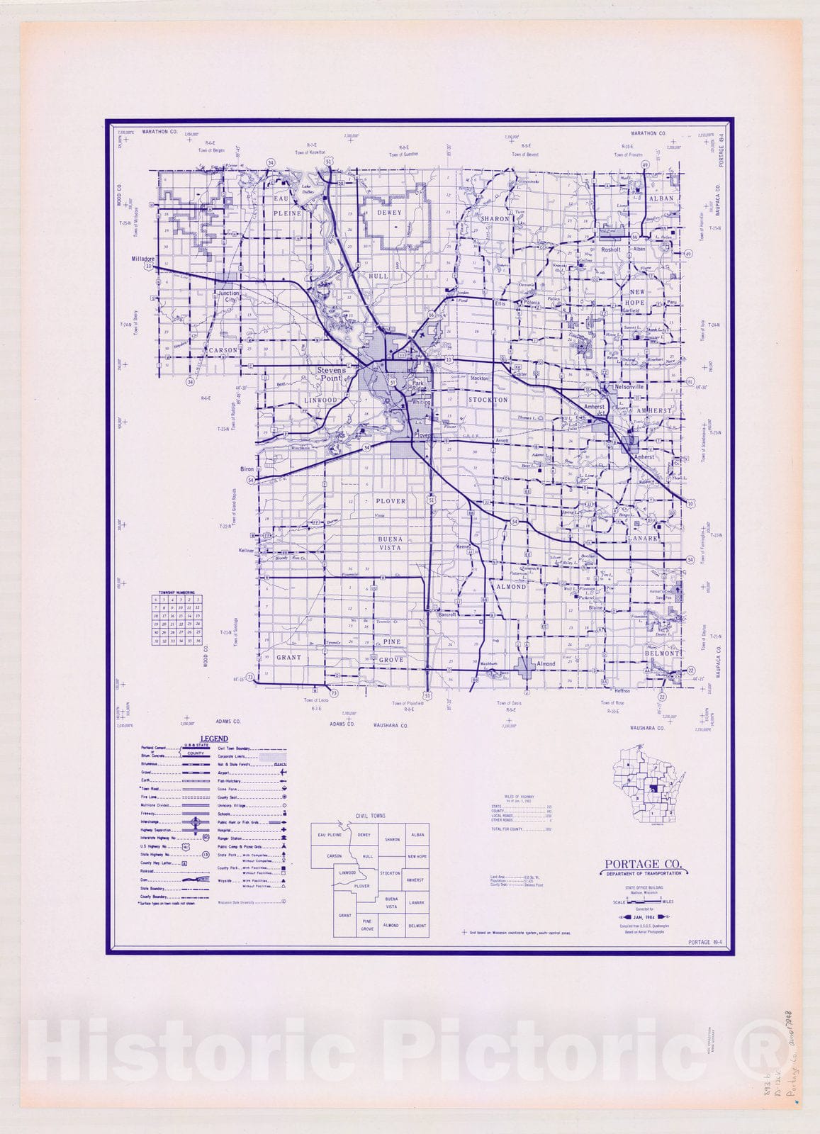 Map : Portage County, Wisconsin 1984, [Wisconsin county transportation maps] , Antique Vintage Reproduction