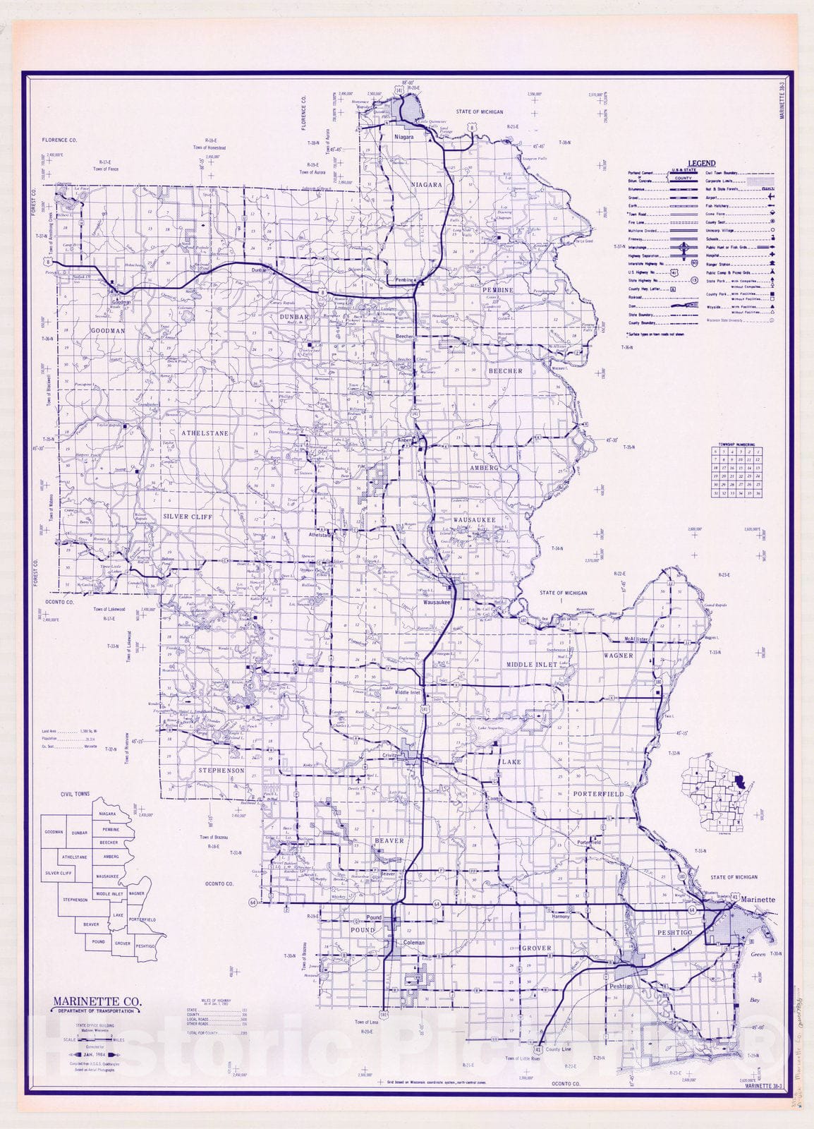 Map : Marinette County, Wisconsin 1984, [Wisconsin county transportation maps] , Antique Vintage Reproduction