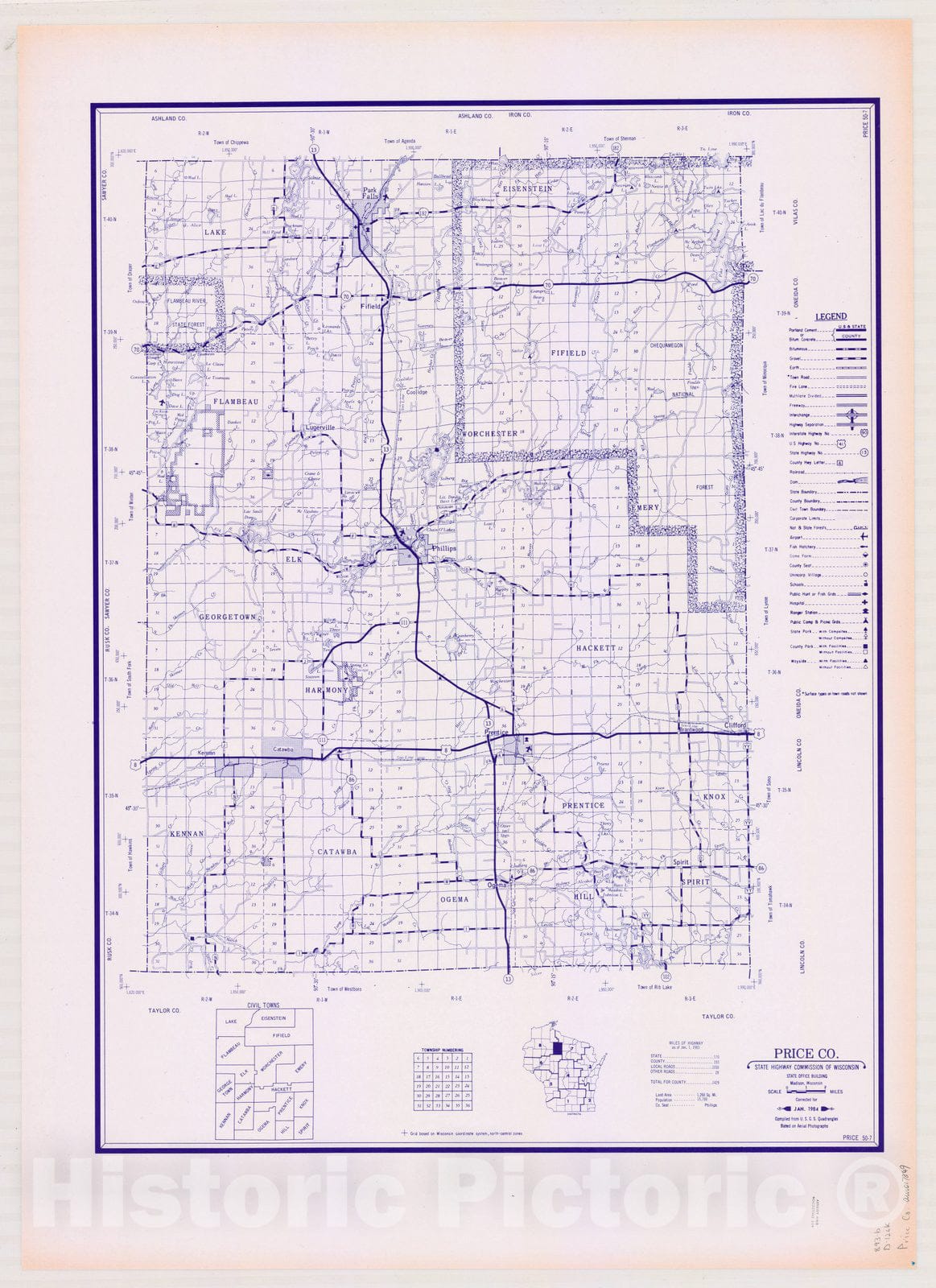 Map : Price County, Wisconsin 1984, [Wisconsin county transportation maps] , Antique Vintage Reproduction