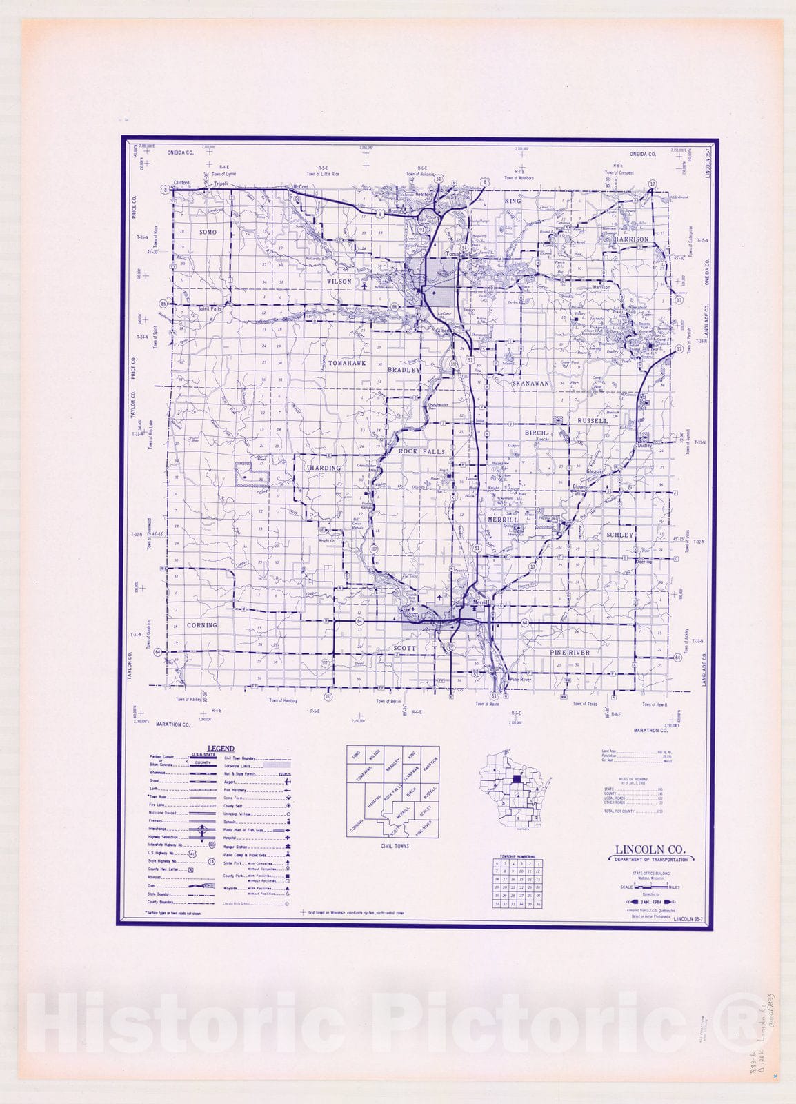 Map : Lincoln County, Wisconsin 1984, [Wisconsin county transportation maps] , Antique Vintage Reproduction