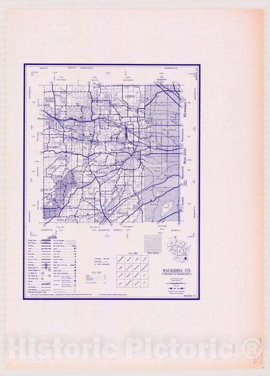 Map : Waukesha County, Wisconsin 1984, [Wisconsin county transportation maps] , Antique Vintage Reproduction