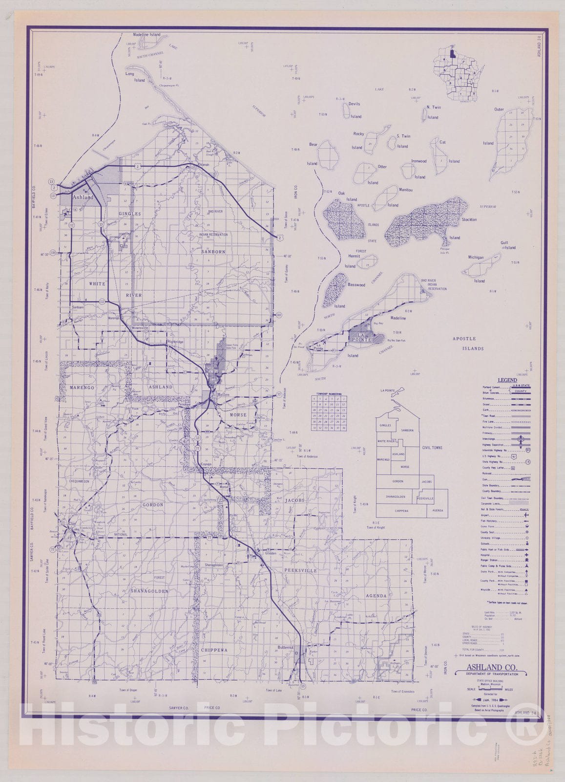 Map : Ashland County, Wisconsin 1984 2, [Wisconsin county transportation maps] , Antique Vintage Reproduction