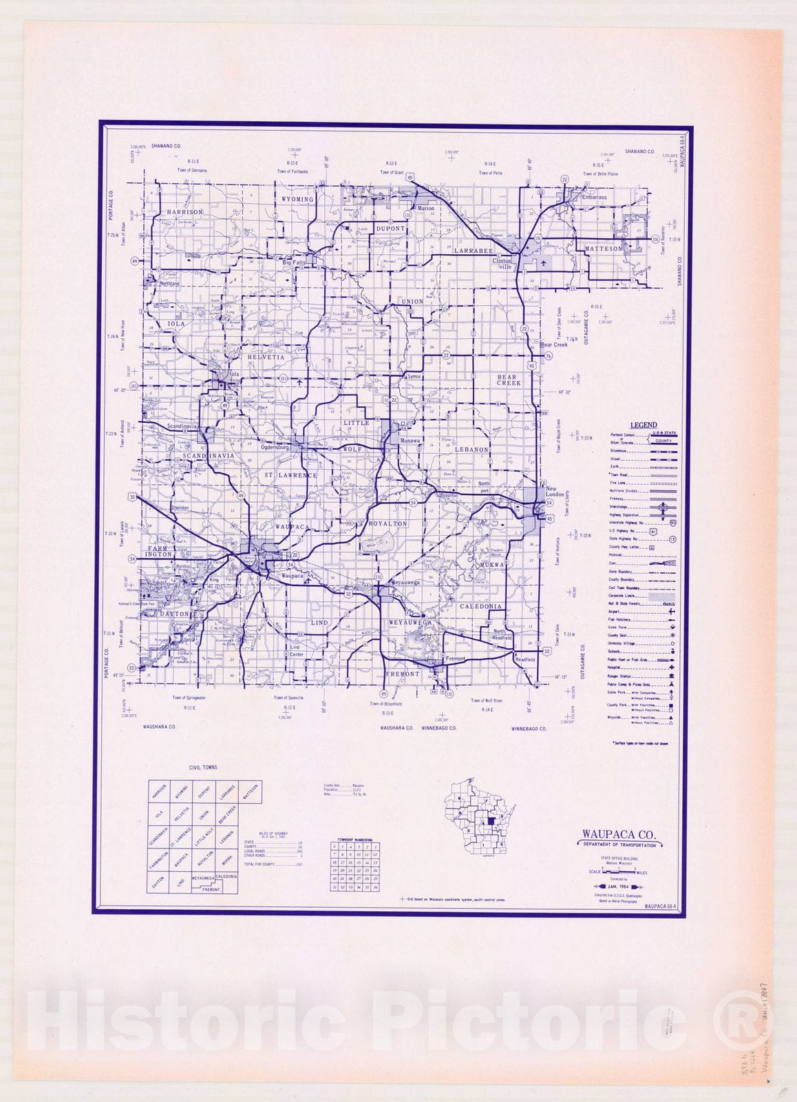 Map : Waupaca County, Wisconsin 1984, [Wisconsin county transportation maps] , Antique Vintage Reproduction