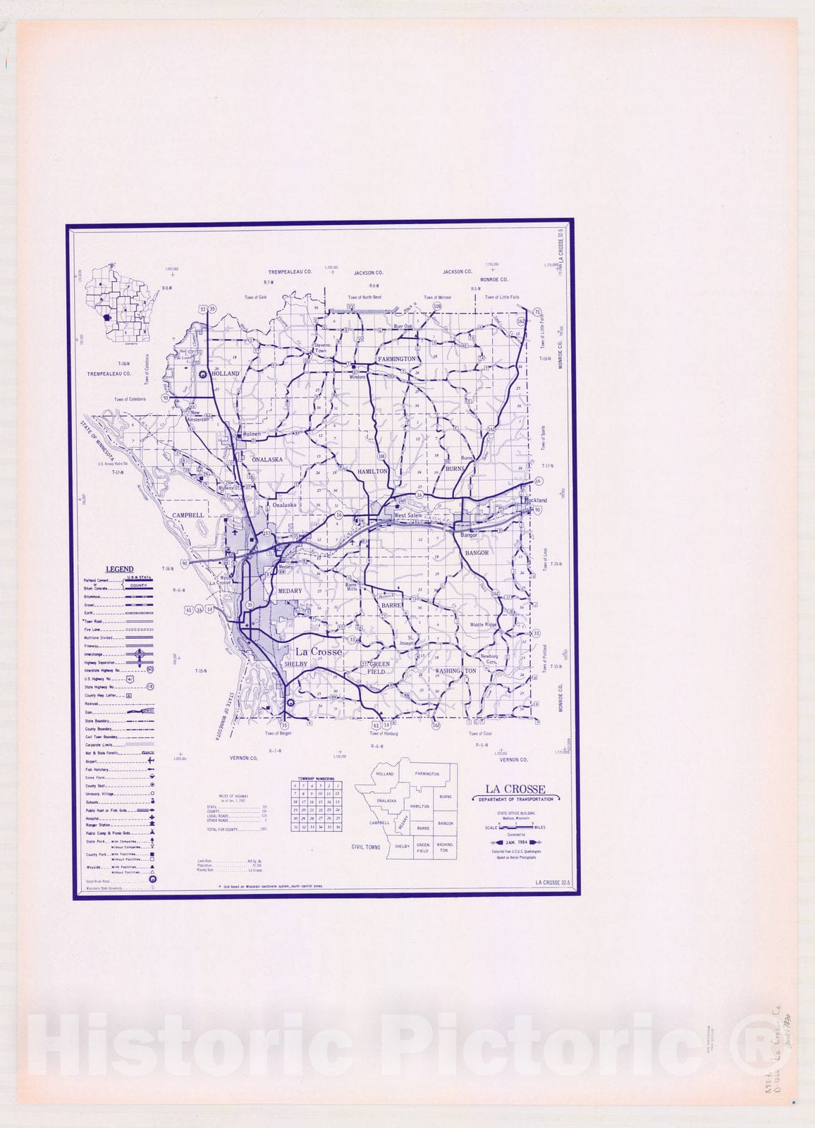 Map : La Crosse County, Wisconsin 1984, [Wisconsin county transportation maps] , Antique Vintage Reproduction