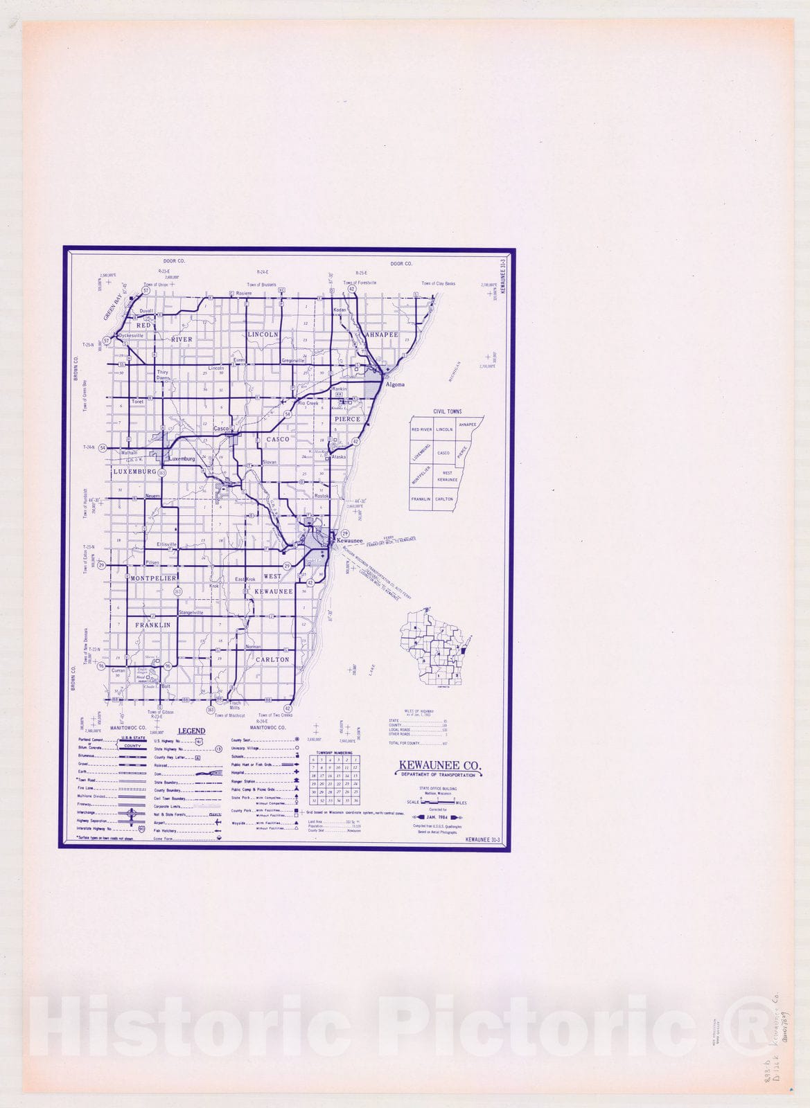 Map : Kewaunee County, Wisconsin 1984, [Wisconsin county transportation maps] , Antique Vintage Reproduction