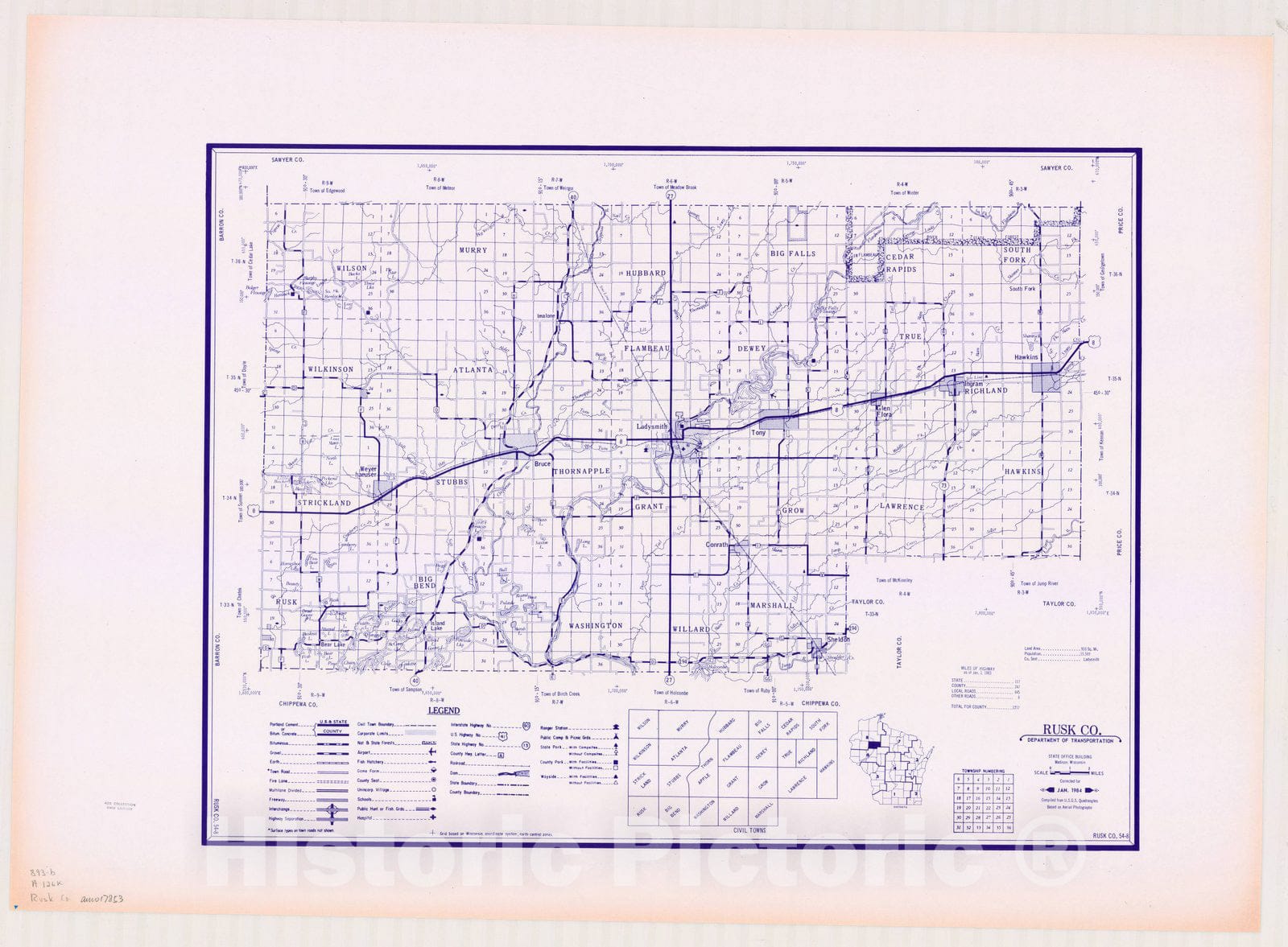 Map : Rusk County, Wisconsin 1984, [Wisconsin county transportation maps] , Antique Vintage Reproduction