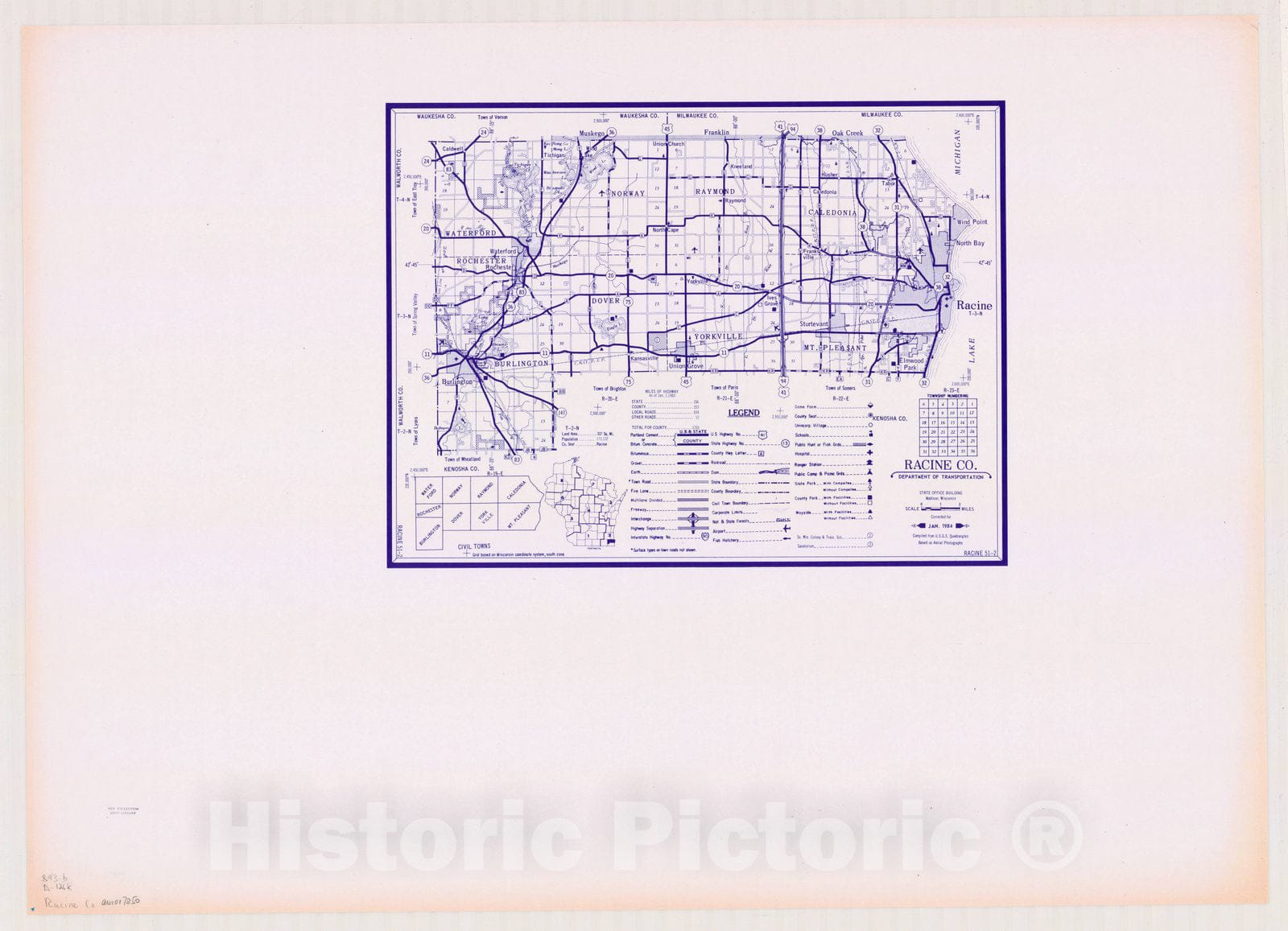 Map : Racine County, Wisconsin 1984, [Wisconsin county transportation maps] , Antique Vintage Reproduction