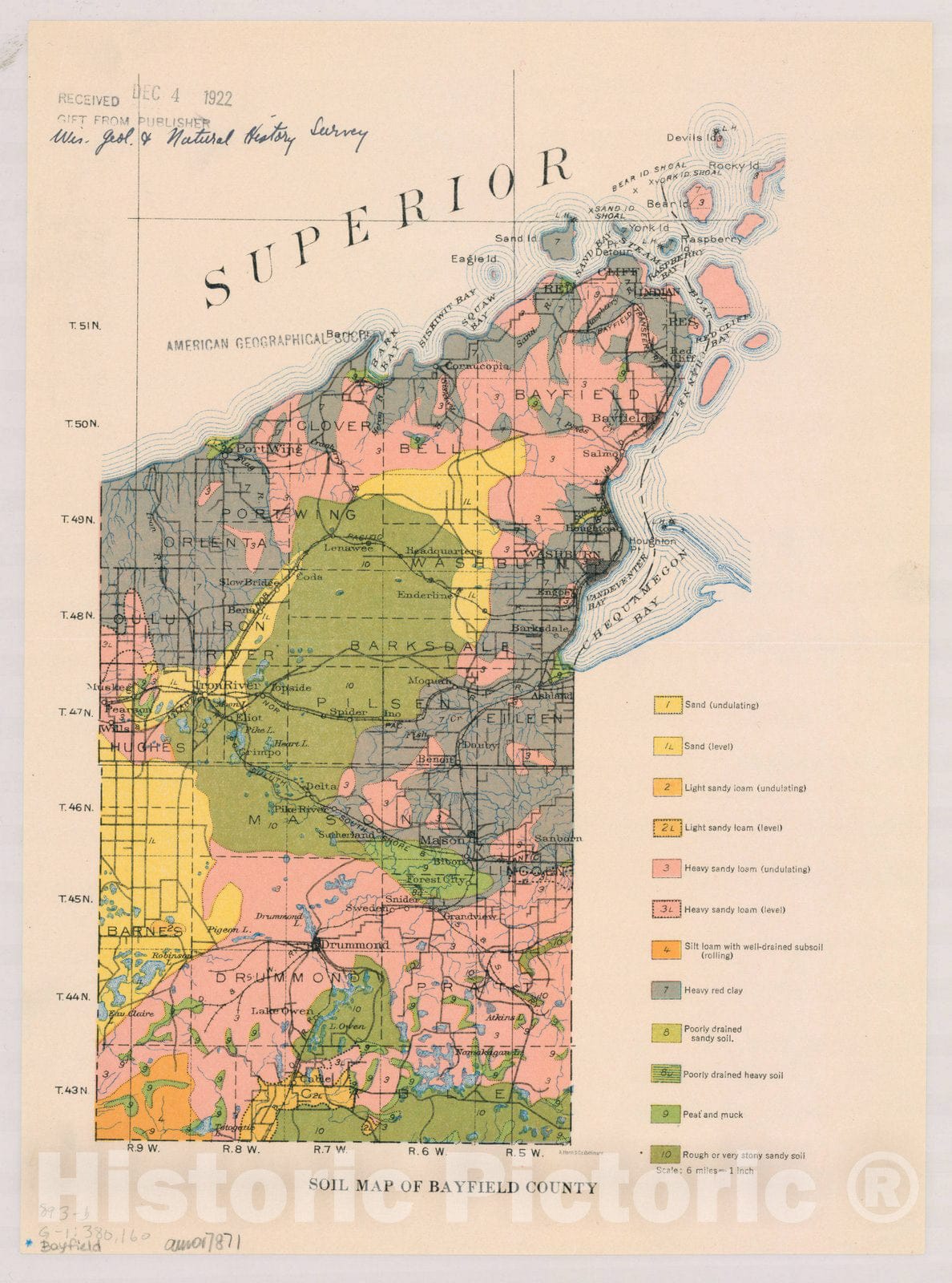 Map : Bayfield County, Wisconsin 1922, Soil map of Wisconsin , Antique Vintage Reproduction