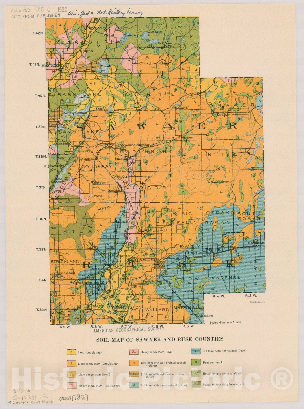 Map : Sawyer and Rusk Counties, Wisconsin 1922, Soil map of Wisconsin , Antique Vintage Reproduction