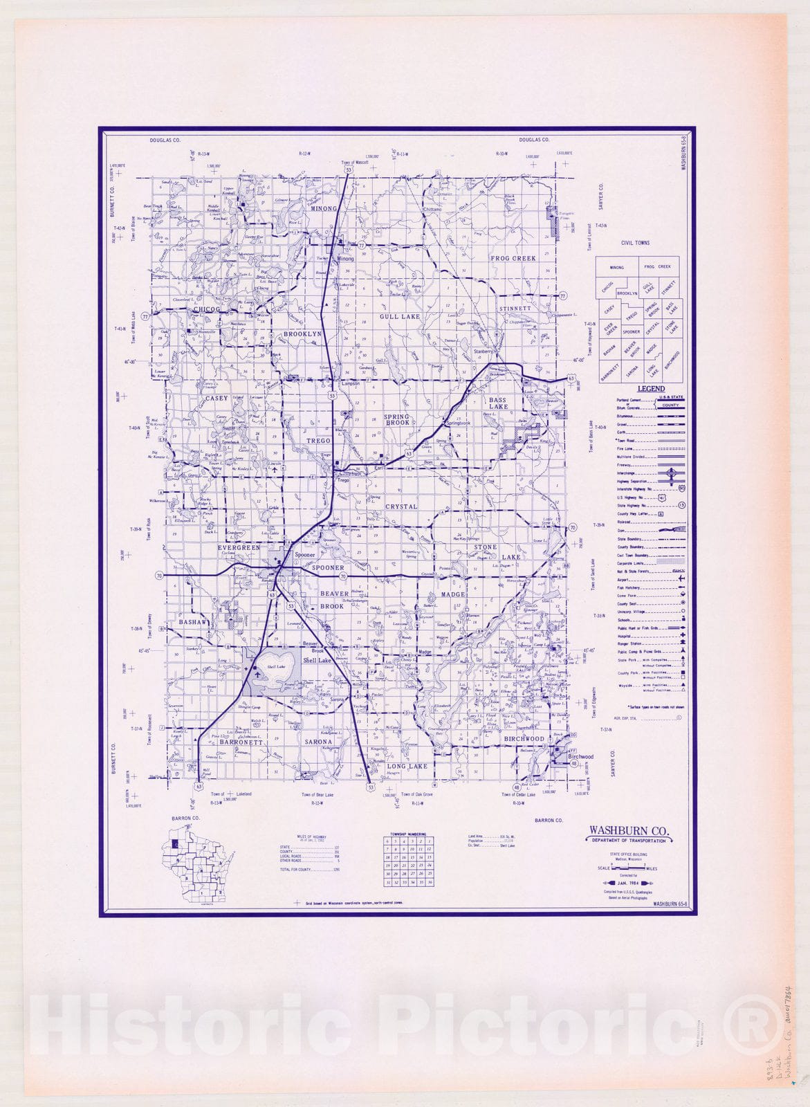 Map : Washburn County, Wisconsin 1984, [Wisconsin county transportation maps] , Antique Vintage Reproduction