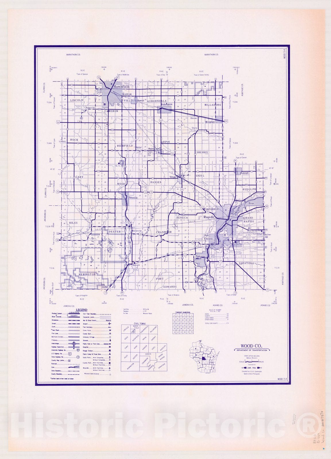 Map : Wood County, Wisconsin 1984, [Wisconsin county transportation maps] , Antique Vintage Reproduction