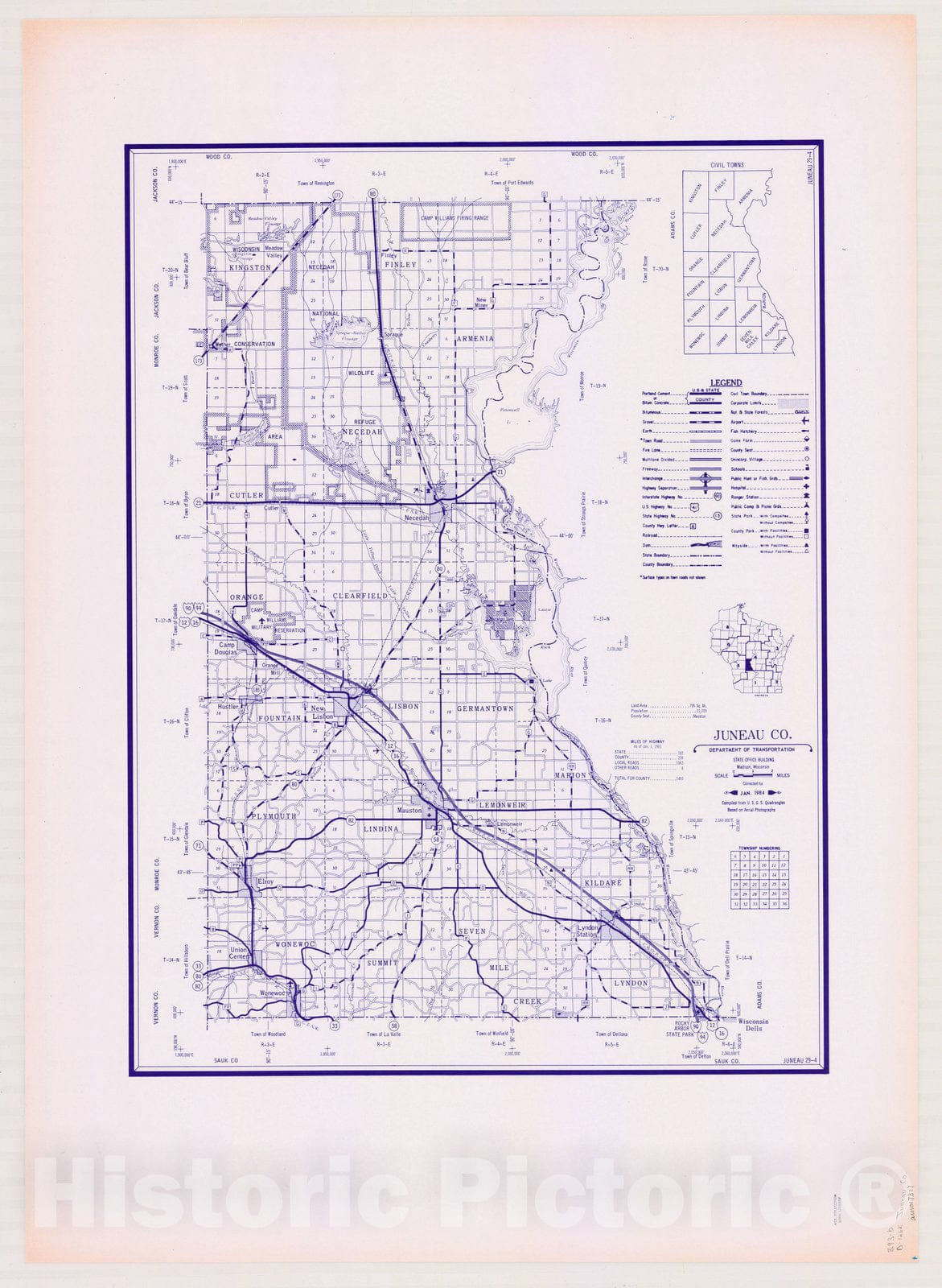 Map : Juneau County, Wisconsin 1984, [Wisconsin county transportation maps] , Antique Vintage Reproduction