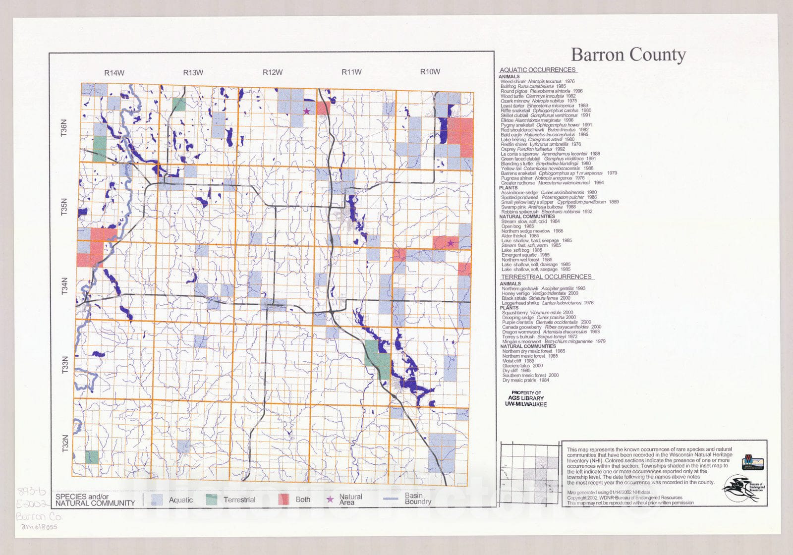 Map : Barron County, Wisconsin 2002, Natural Heritage Inventory Wisconsin , Antique Vintage Reproduction