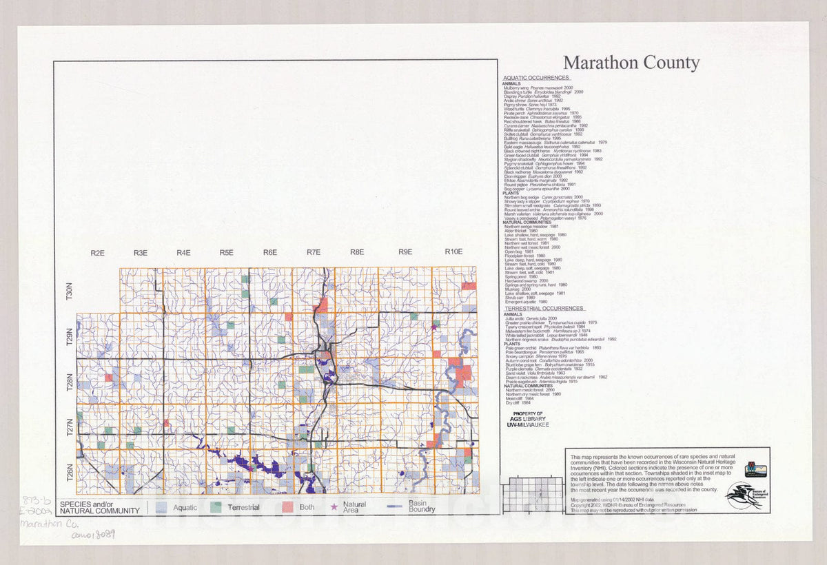 Map : Marathon County, Wisconsin 2002, Natural Heritage Inventory Wisconsin , Antique Vintage Reproduction