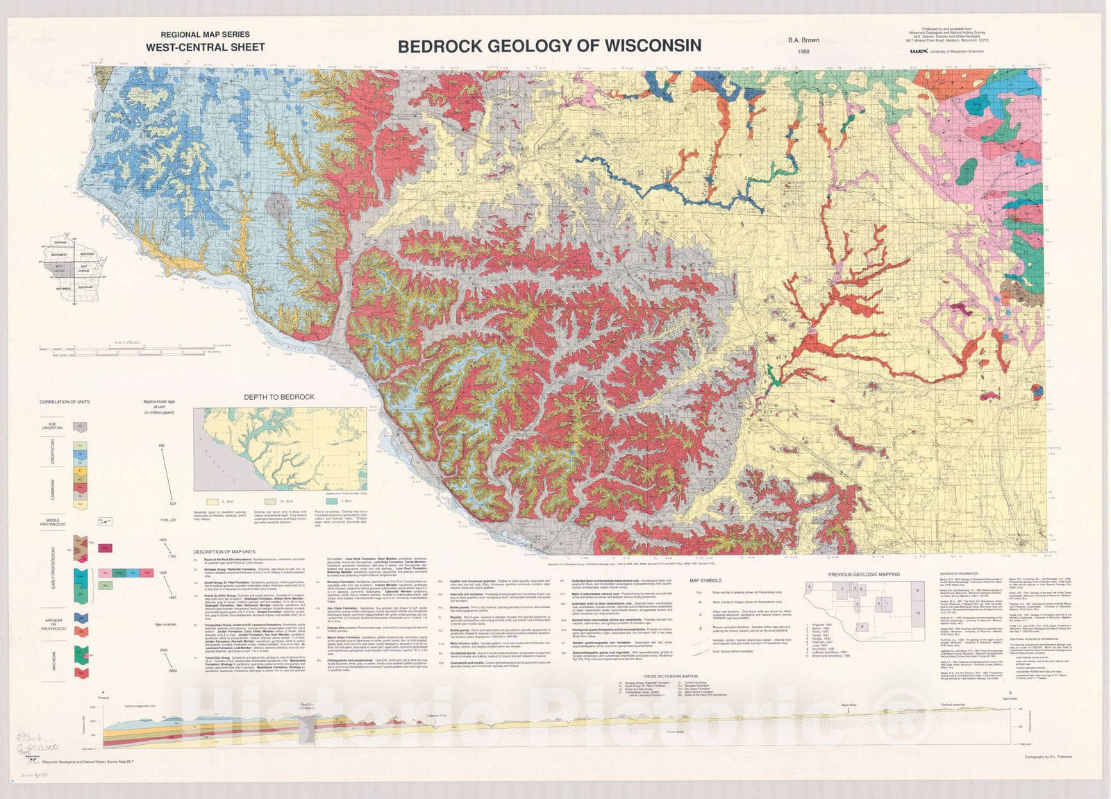 Map : Wisconsin 1988 2, Bedrock geology of Wisconsin : west-central sheet , Antique Vintage Reproduction