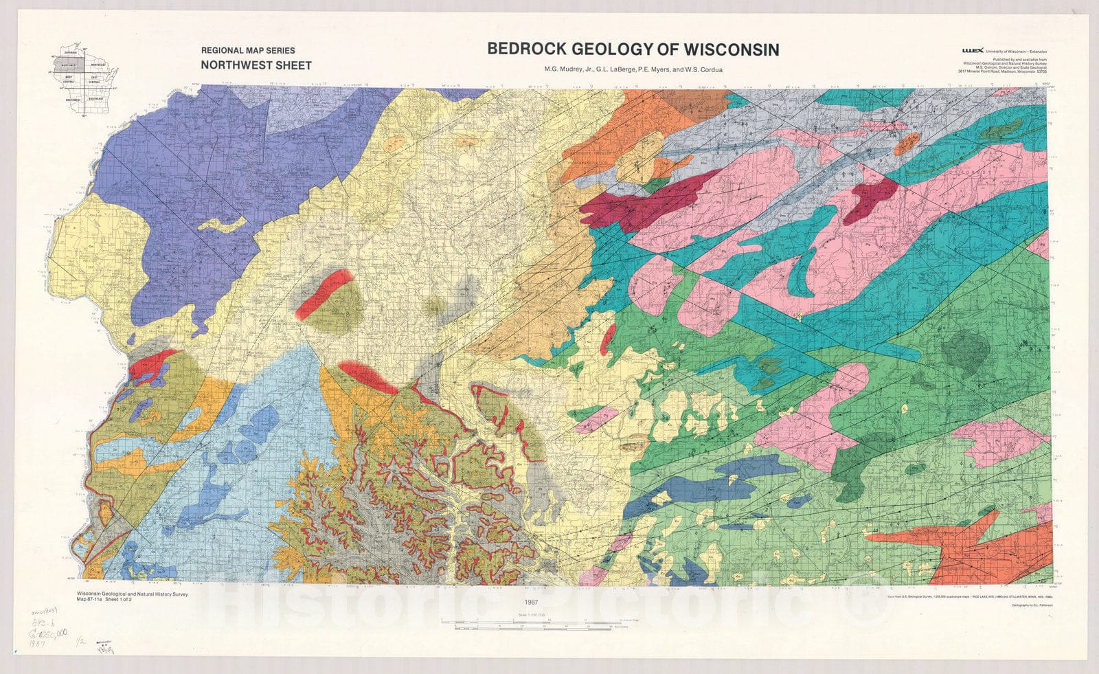 Map : Wisconsin 1988 1, Bedrock geology of Wisconsin : west-central sheet , Antique Vintage Reproduction